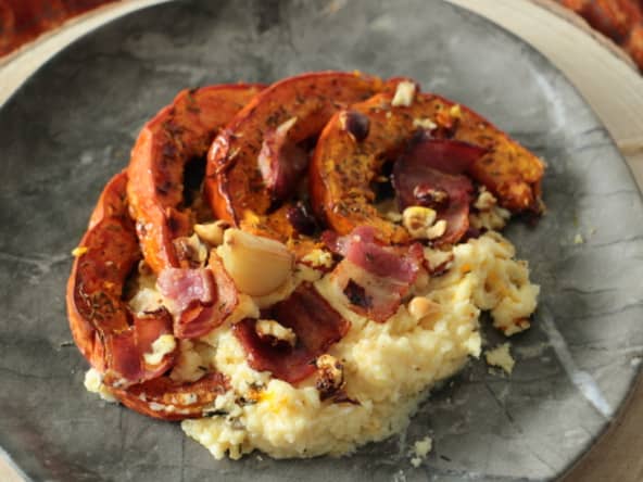 Potimarron rôti au lard et noisettes