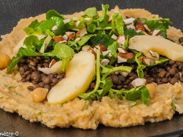 Pois chiches aux lentilles, salade de cresson aux pommes