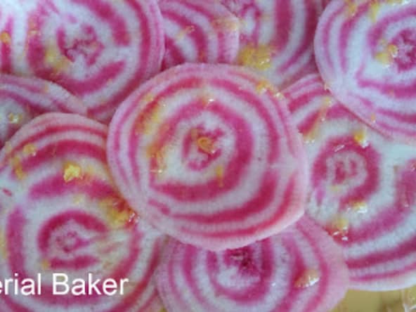 Carpaccio croquant de betterave chioggia au citron