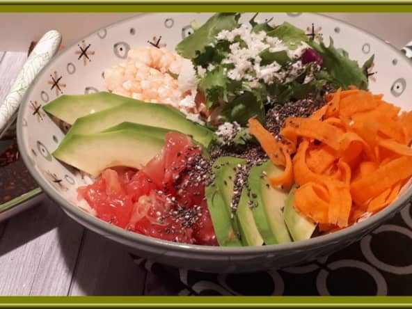 Buddha Bowl, avocat, crevettes