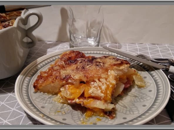 Gratin de potiron, pommes de terre, bacon et lardons