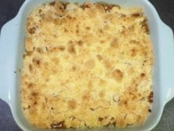 Recette crumble pommes, poires, pépites de chocolat.