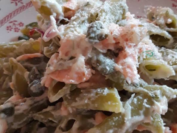 Penne de petits pois au saumon fumé