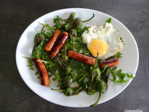 Œuf frit, txistorra basque et piment de Padron