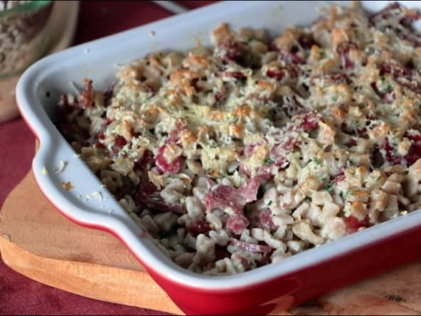 Gratin de crozets aux gésiers confits et parmesan