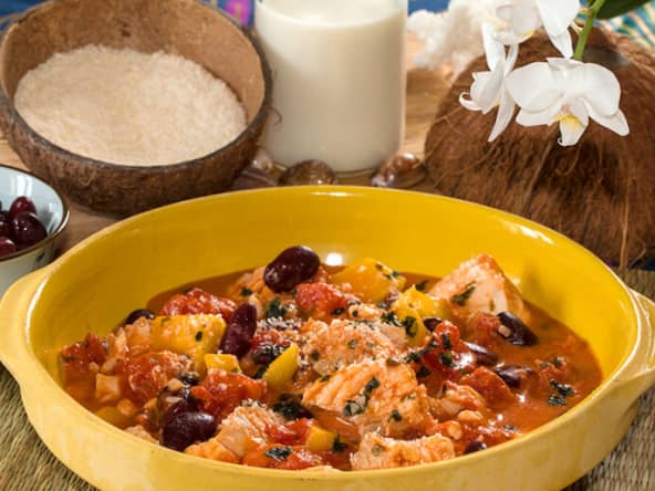 Cabillaud à la mangue, haricots rouges et lait de coco