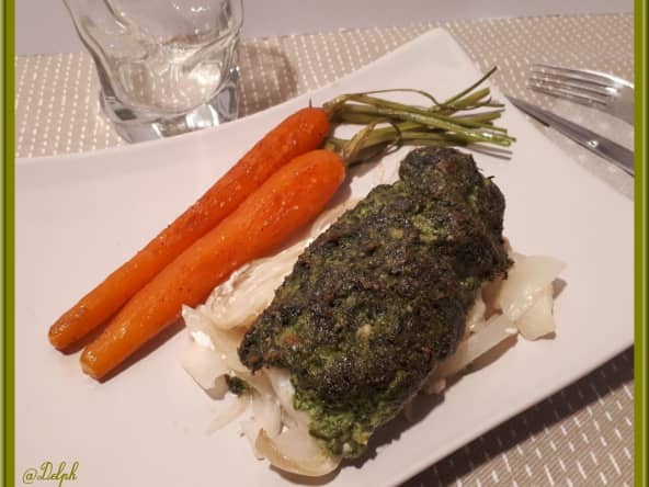 Dos de cabillaud au pesto et carottes glacées