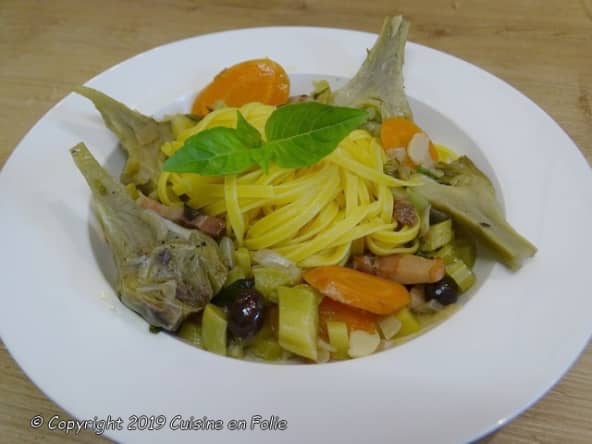 Artichauts violets ou poivrades à la barigoule et linguine