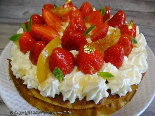 Gâteau fraises, noisettes, citron et clémentines confits