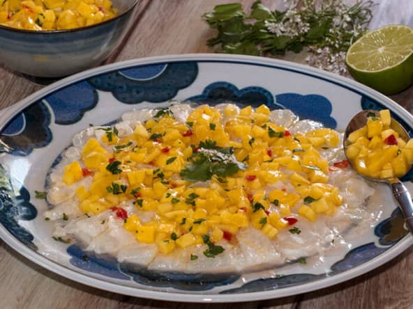 Ceviche de cabillaud, salsa de mangue