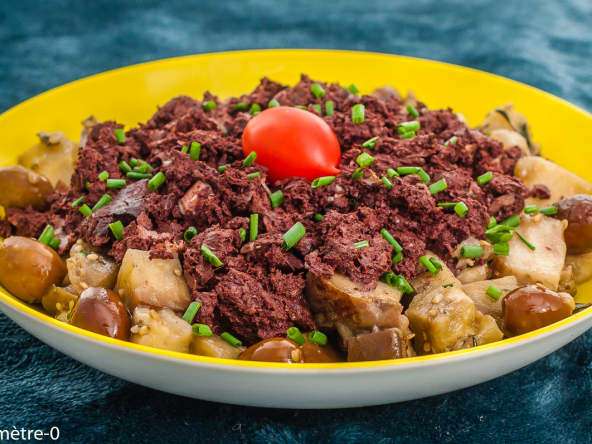 Boudin en salade d’aubergines et olives