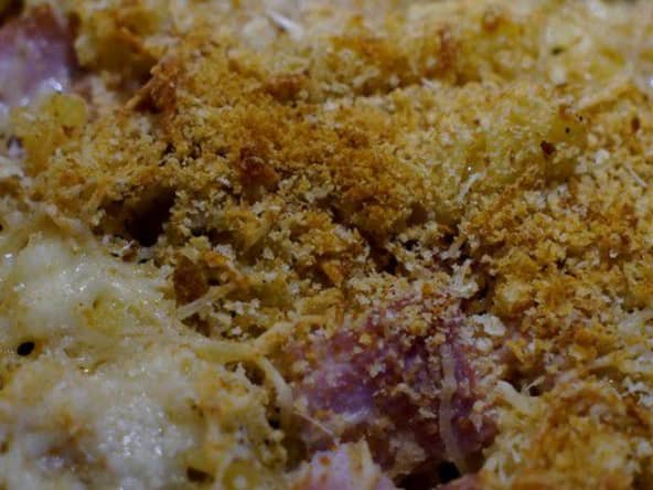 Gratin de pâtes dans la tradition, au jambon et chapelure