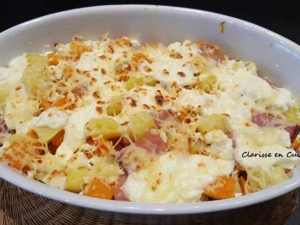 Gratin de courge butternut à la feta et au jambon fumé 
