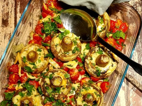 Champignons rôtis et gratinés au fromage cantal