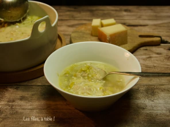 Soupe aux poireaux, crozets et fromage beaufort