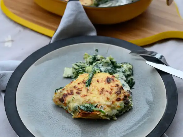 Gratin de ravioles au fromage bleu de Bresse et aux épinards