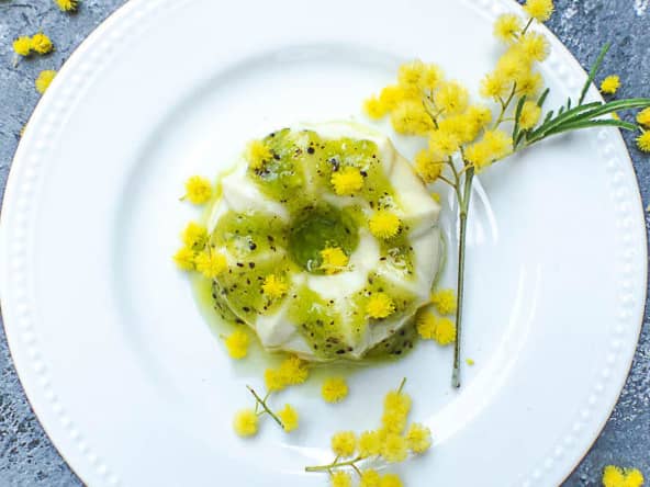 Panna cotta au kiwi et aux fleurs de mimosa