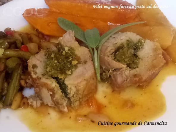 Filet mignon farci au pesto ail des ours, patates douces et céleri