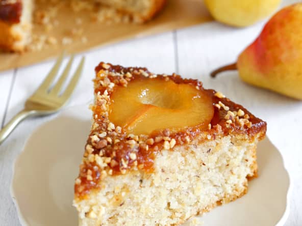 Gâteau renversé poire et noisette, sans oeufs, sans lait