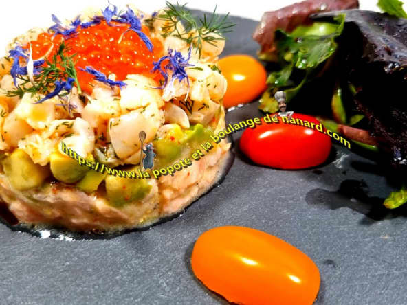 Trio de tartares de saumon, crevettes et St-Jacques