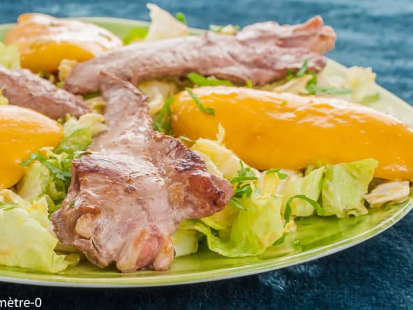 Aiguillettes de canard à la mangue sur lit de salade