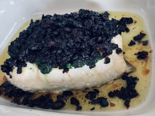 Poisson : filet de flétan à l'ail des ours et aux olives