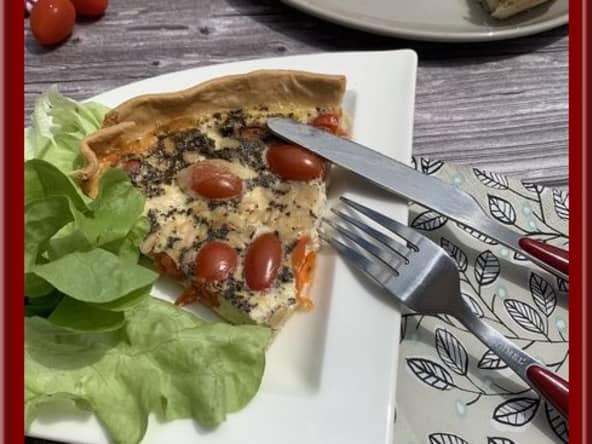 Quiche aux tomates cerise, fromage mozzarella et pignons de pin