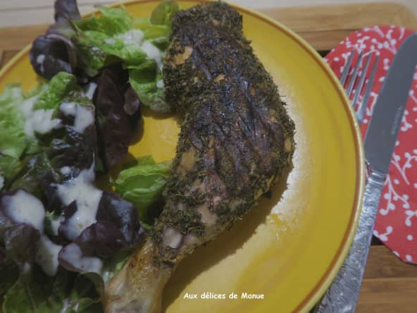 Cuisses de poulet en croûte de thym, cuites à la plancha