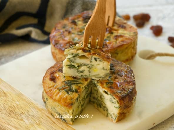 Clafoutis salés aux blettes, fromage italien scamorza et raisins secs