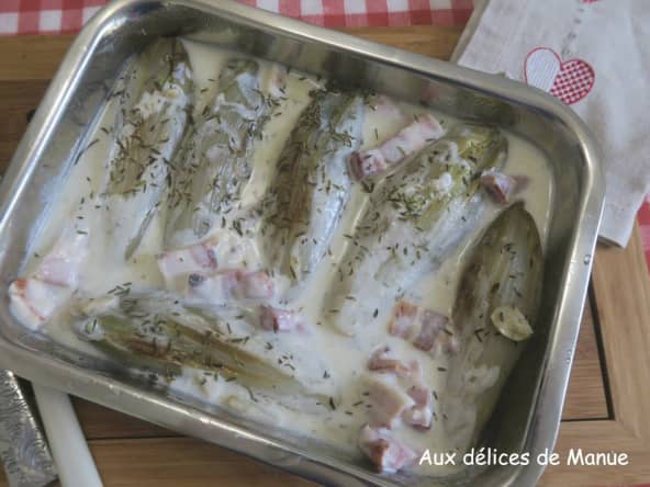 Gratin d'endives à la crème de parmesan infusée au lard fumé