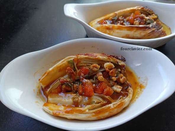 Endives au beurre d'agrumes, abricots secs et noix