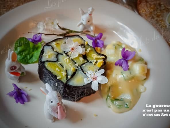 Terrine mosaïque de poireaux vinaigrette à l'algue nori