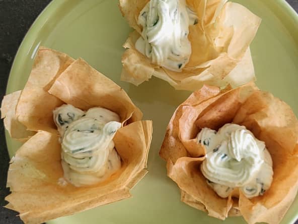 Barquette de filo amuse-bouche à la crème de mascarpone au gingembre