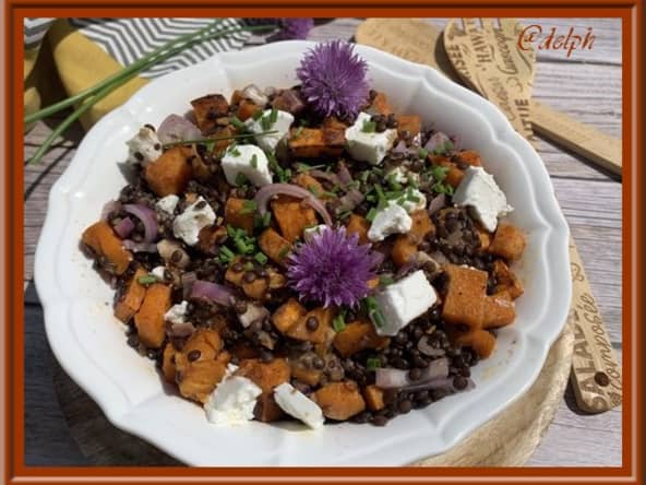 Salade de lentilles à la patate douce et fromage de chèvre frais