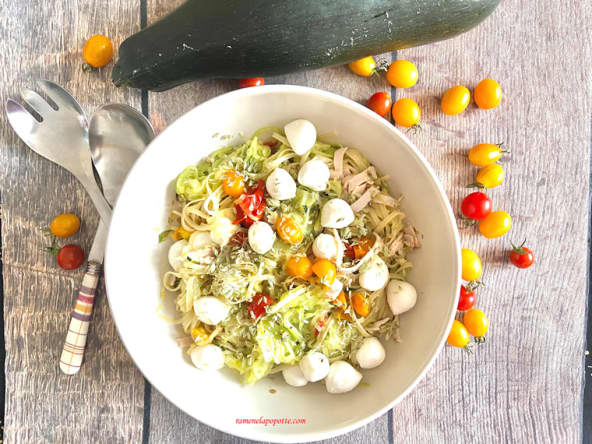 Duo de spaghettis courgette mozzarella aux blancs de poulet