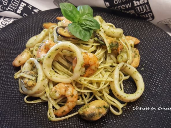 Linguine aux fruits de mer et au pesto maison au Thermomix