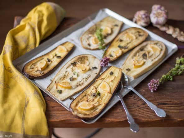 Aubergines confites au four au citron et origan