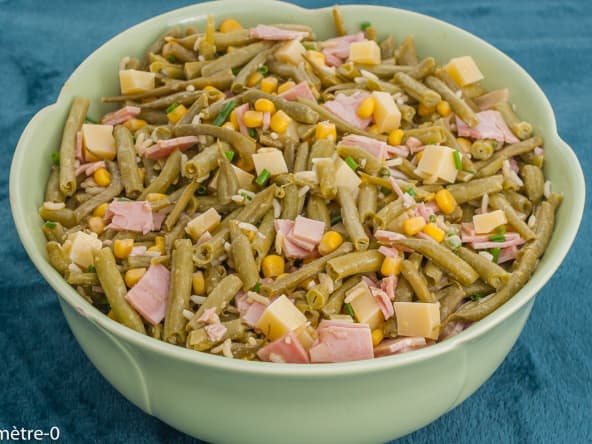 Salade de haricots verts, riz, maïs, jambon et comté