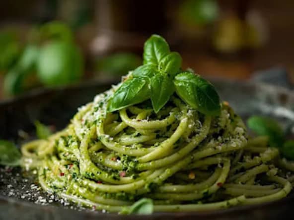 Spaghettis au pesto d'orties, noix de Grenoble et tomates séchées