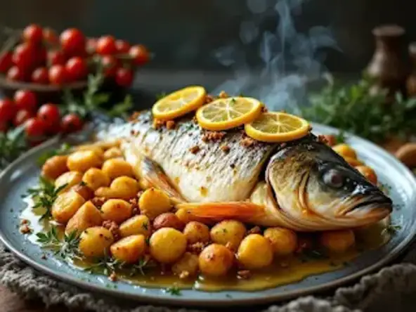 Carpe farcie à l'alsacienne, sauce au beurre d'écrevisses