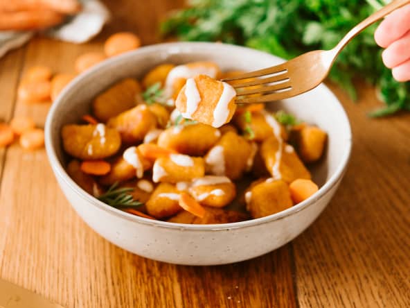 Gnocchis de carottes, fromage de chèvre et jambon de parme