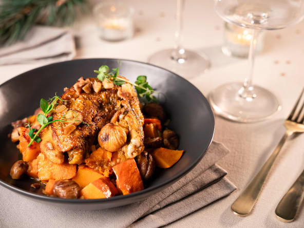 Wok de pintade aux légumes de Noël, potimarron, patates douces et châtaignes