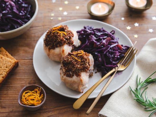 Râbles de lapin en croûte de pain d’épices, chou rouge aux pommes parfumé à l'orange
