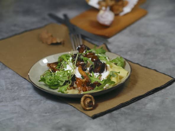 Lasagnes ouvertes aux champignons sauvages roquette et burratina