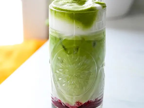 Matcha latte aux fruits rouges et lait végétal