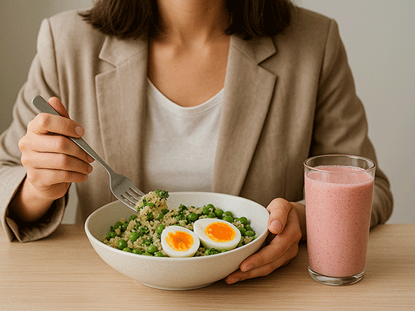 Salade tiède de quinoa, petits pois, œufs mollets et herbes fraîches