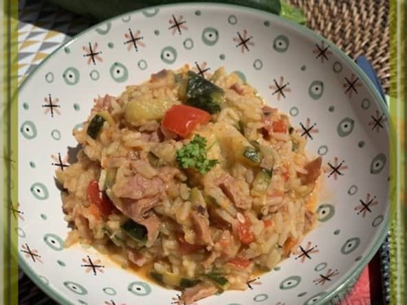 Riz aux courgettes, poivron et bacon