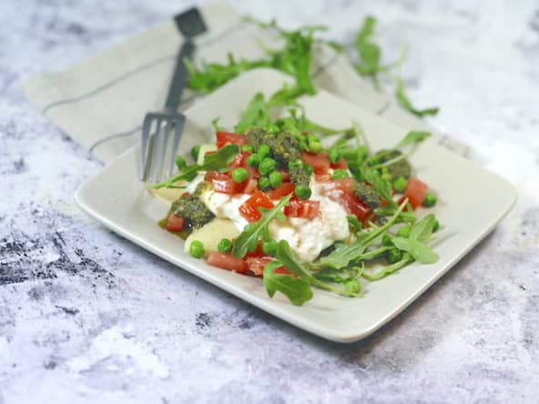 Lasagnes ouvertes tomates petits pois et burrata