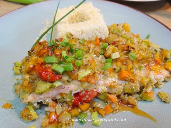 Pavés de saumon sauce caramel et petits légumes