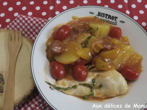 Marmite de poulet au poivron et pommes de terre au chorizo